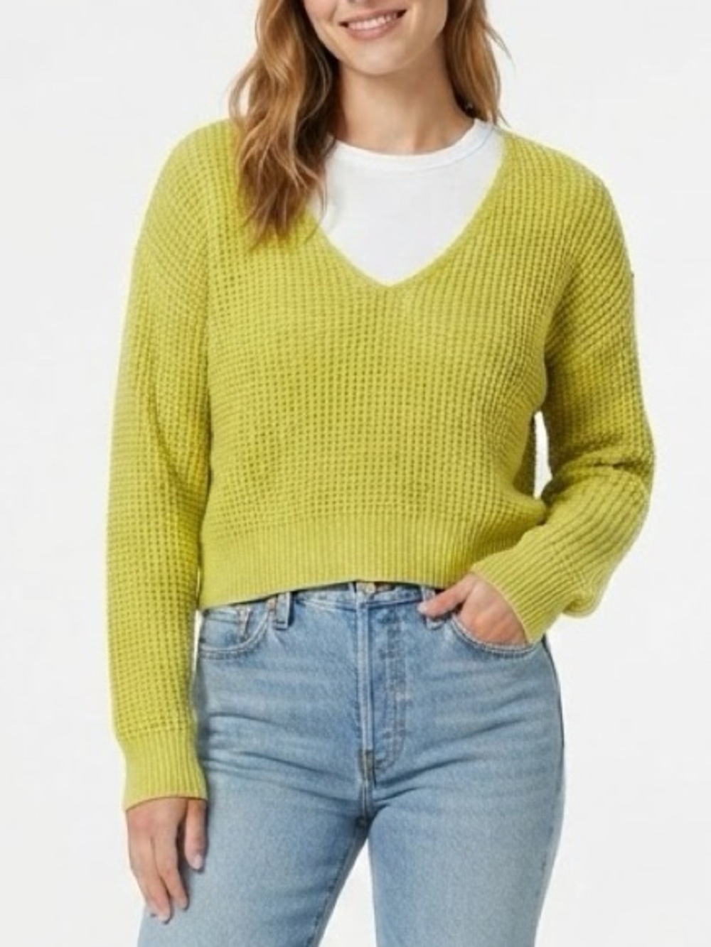 Stitches & Stripes Lime Green V-Neck 100% Cotton Chunky Knit Sweater Size L